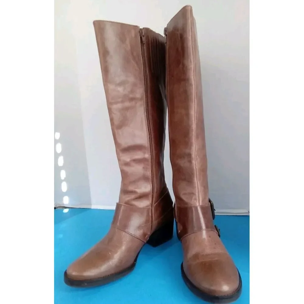Classic‎ Brown Leather Knee-High Riding Boots with Buckle Detail